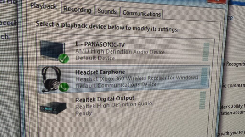 Microsoft Windows audio Playback device window, with Xbox 360 Headset selected