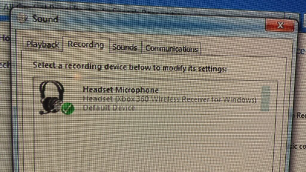 Microsoft Windows audio Recording device window, with Xbox 360 Headset selected