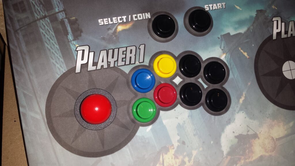 Player 1 buttons & joystick installed on control panel.  The paper template art is in place underneath the controls. 