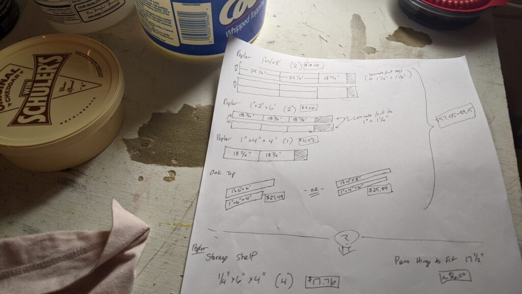 Piece of paper on a workbench, showing a cut list for lumber required to build end table.