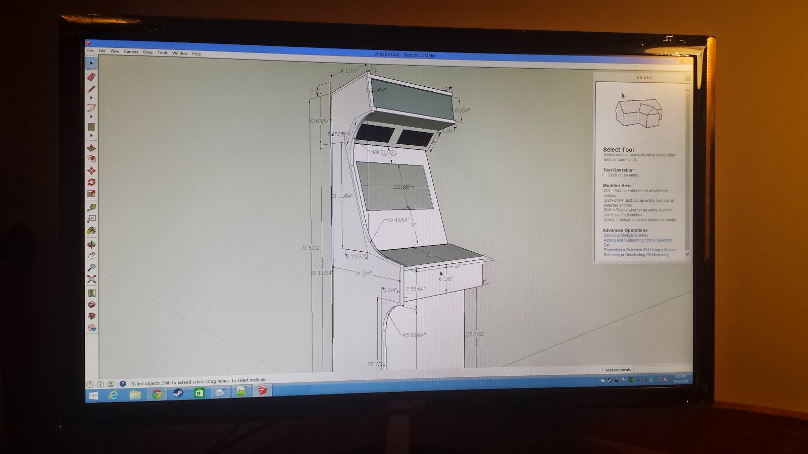 Photo of a computer monitor, showing an arcade cabinet being designed in Google SketchUp